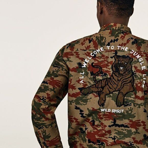 Zara Man Camo Denim Shirt Brown Embroidered Tiger Relaxed Fit Casual Mens Small - Picture 9 of 11